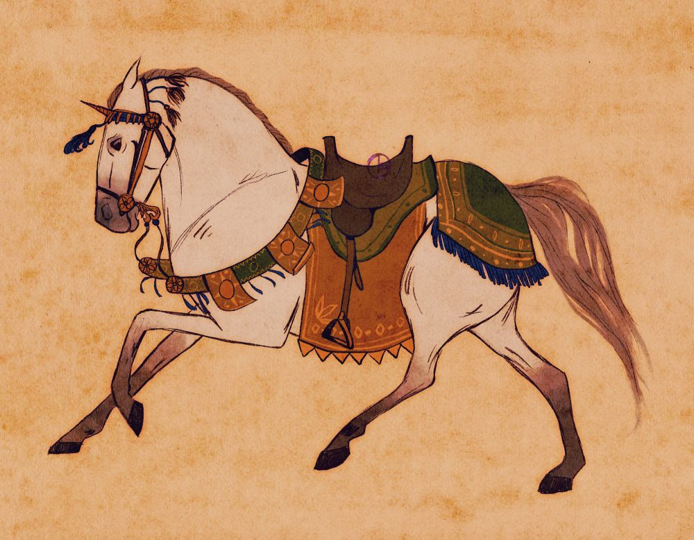 A grey horse gallops past, its mane and tail a dusty grey. It has no rider, but is still saddled and bridled. The equipment is adorned with suns, petals, dots and tassels. The bridle has a horn like a unicorn. 