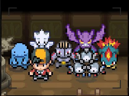 picture of my pokemon party. from left to right: quagsire, the trainer, togetic, machoke, magneton, crobat, and quilava.