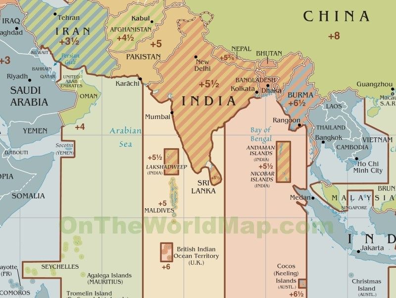 Map of time zones in South Asia, from Iran to Vietnam.