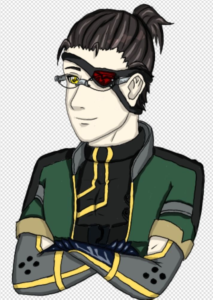 A drawn original character based on Wuthering Waves. Short brown hair pulled into a high ponytail. Silver glasses, a large eyepatch over left eye with a red decal. Green jacket buckled near bottom of chest. Semi-mechanical bodysuit in shades of gray with bright yellow trim underneath with a notch opened for biceps. Dark blue metallic forarm guards. The figure is male and has armed crossed just beneath chest.