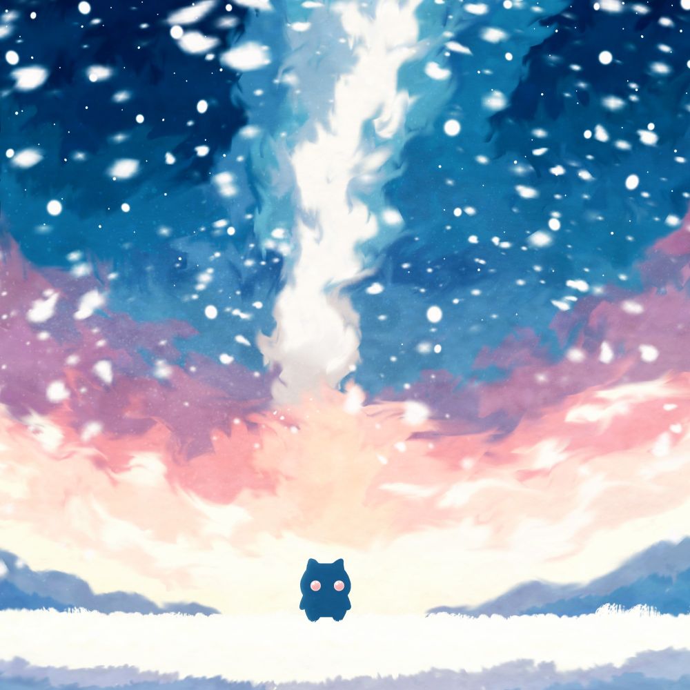 Digital art of a vaguely cat-shaped creature standing in front of what may be fire or a sunset or something. There is ash and/or snow in the sky. The artist wasn't putting a great amount of thought into this piece.