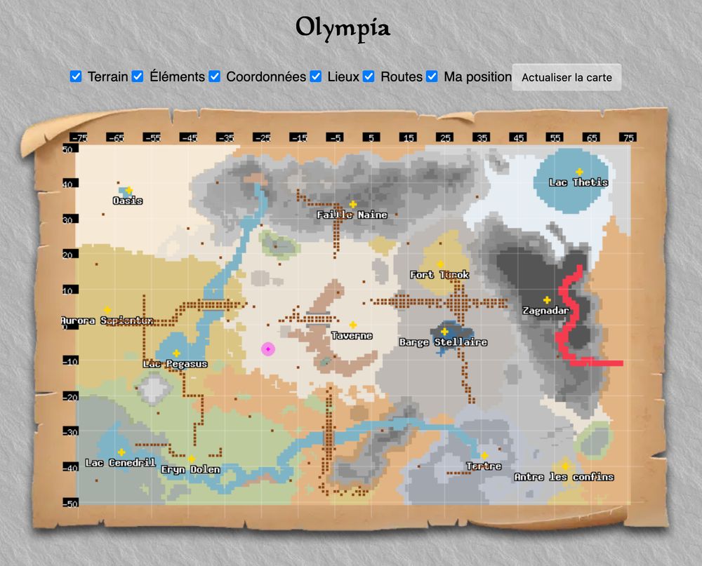 Carte du monde d'Olympia sur le jeu Age of Olympia. 
On y voit différents endroits, reliés à certains peuples (Elfes, Nains, Olympiens, Géants, Hommes sauvages, etc).
Le graphisme est très old school.