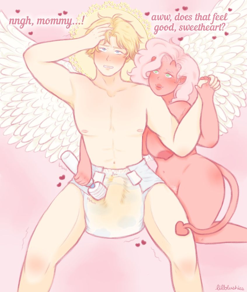 an abdl (adult baby diaper lover) digital drawing of two characters, a man and a woman. the man is an angel, and the woman is a succubus. the angel is somewhat muscular and has light cream skin and short blonde hair, and his wings are white and spread out behind him. he has a dainty lace halo behind his head. the succubus has a curvy body, pink skin, fluffy light pink hair, and a long tail with a heart-shaped tip. she also has little tiny fangs.

the angel is wearing a thick wet adult diaper with a simple cloud pattern on it and his erection is straining against it. the succubus is sitting behind him with her chin resting on his shoulder, and her right arm wrapping around his waist to hold a vibrator against his diapered erection. the succubus is holding his left hand in hers, and looking up at him and smiling with half-lidded eyes. she is saying to him, "aww, does that feel good, sweetheart?". the angel has a overwhelmed look on his face, his eyes rolling back in his head a bit, and he has his right hand on his head. he is blushing furiously and saying, "nngh, mommy...!"