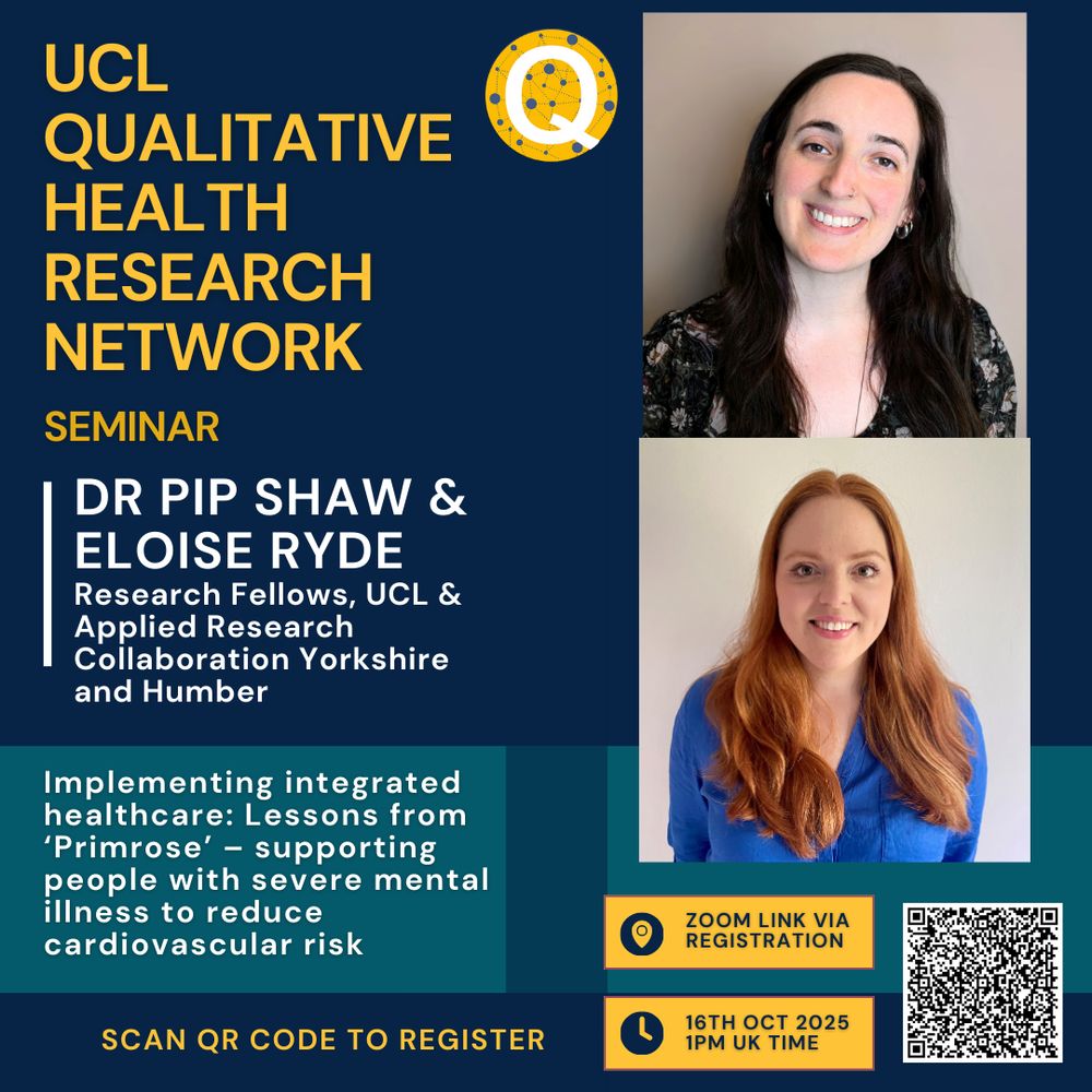 Poster advertising seminar on implementing integrated healthcare: lessons from 'primrose' - supporting people with severe mental illness to reduce cardiovascular risk which will be hosted on Zoom on 16 October 2025 at 1pm UK time. The poster includes pictures of the speakers who are Dr Pip Shaw and Eloise Ryde.