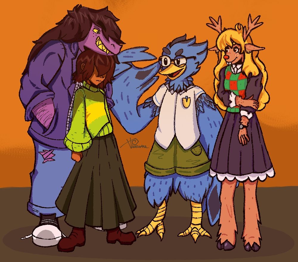 Rough drawing of the characters Susie, Kris, Berdly and Noelle from the game Deltarune standing next to each other