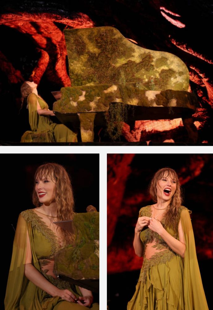 Three photos of Taylor in the green folklore dress with wet hair from the rain. 