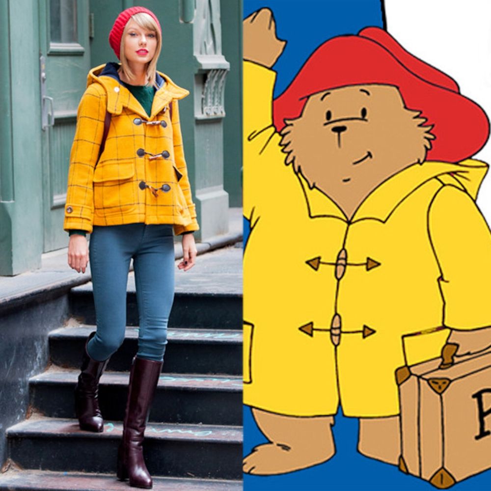 An image on the left of Taylor Swift with her hair at shoulder length, wearing a red hat and a mustard yellow coat with jeans. The right image is paddington bear. 