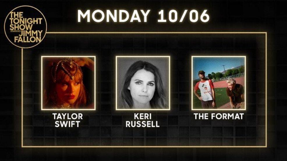 An image of the Tonight Show with Jimmy Fallon’s schedule for Monday, October 6 includes Taylor Swift, Keri Russell, and the format. 