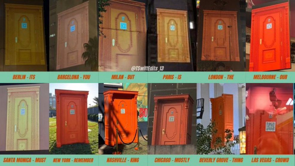 An image of twelve doors photoshopped together in a collage showing the hidden message words. “You must remember everything but mostly this the crowd is your king.” 
