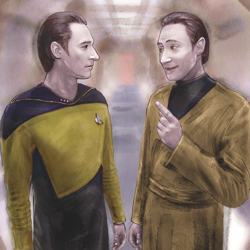 Data and his almost-identical android twin Lore.