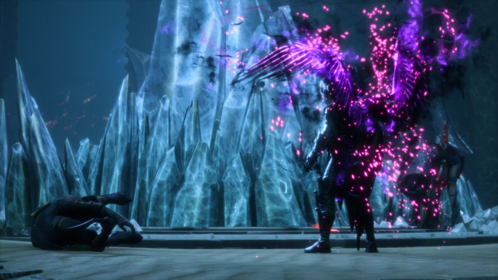 Lucanis Dellamorte, facing away from the camera with black/purple wings 