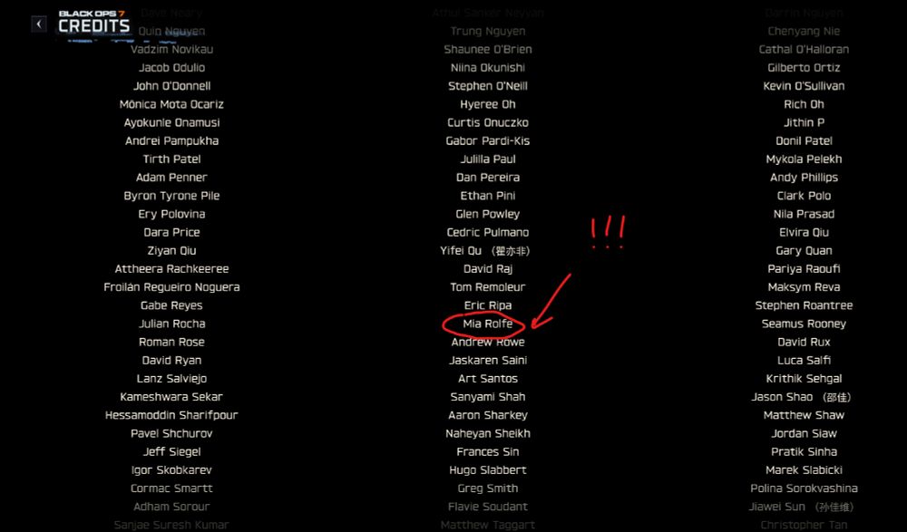 A screenshot of the Call of Duty: Black Ops 7 credits. My name (Mia Rolfe) has a red circle, red arrow pointing at it, and red exclamation marks next to it.
