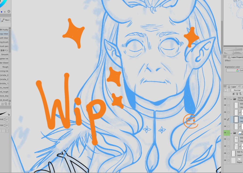 Sketch of an old looking femme person with pointy ears and horns. She has wavy hair. On front of her says "wip".
