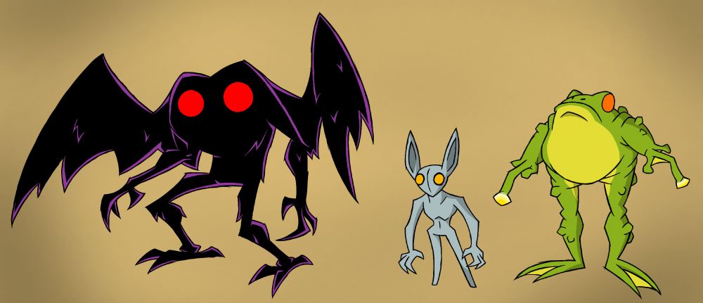 Art depicting the Mothman, Hopkinsville Goblin, and Loveland Frogman