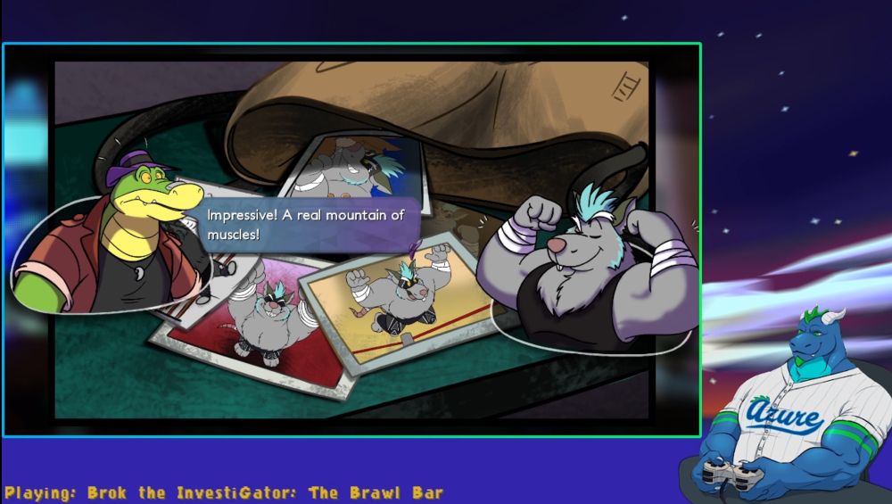 Screencap of a conversation in Brok the InvestiGator: The Brawl Bar, where a buff rat flexes his arms while Brok says “Impressive! A real mountain of muscles!”