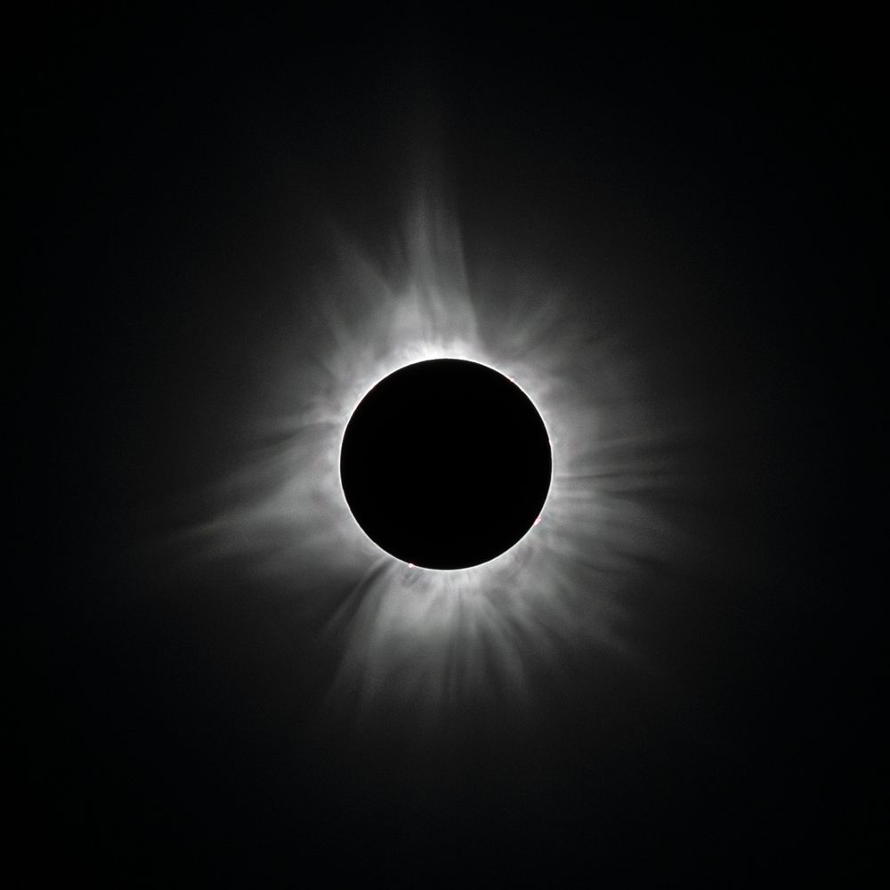 A photo of the 2024 solar eclipse made from a composite of 5 separate exposures, showing detail in the corona.