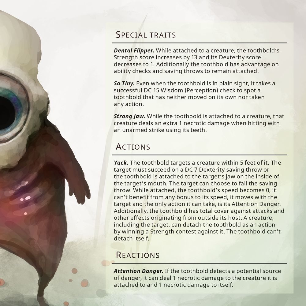 The 2nd part of the Toothbold's gameplay stats.