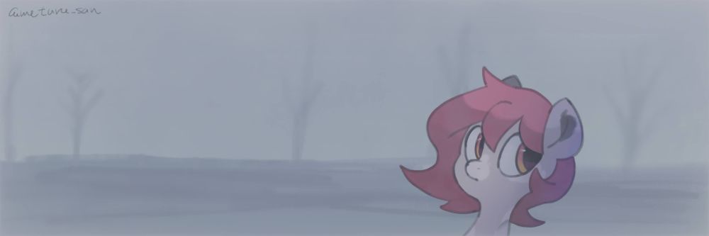 My ponysona is looking at the right of the drawing while everything is hard to see due to fog.