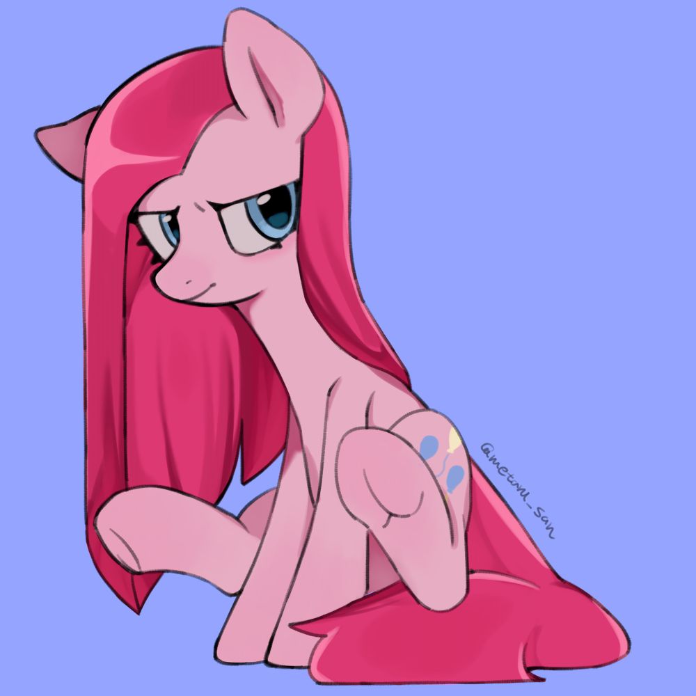 Pinkie Pie, known as Pinkamena Diane Pie, from My Little Pony: Friendship is Magic, is sitting, and looks in the bad mood. Her hind legs are rising.