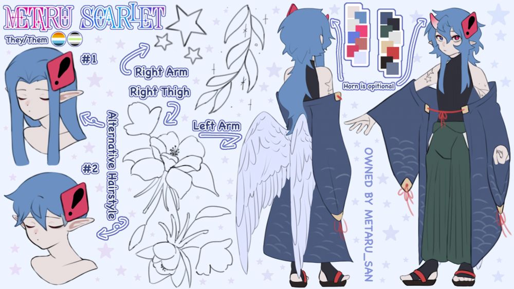 New reference sheet of my persona (1/2). There are their name, pronouns, labels, tattoo designs for their body, my persona with Japanese-ish outfit and a horn on right side of their head (which is optional), colour palettes, and some alternative hairstyles.
