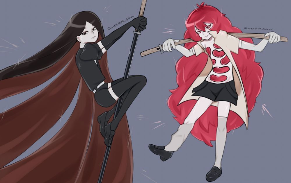 Bort (on the left) and Padparadscha (on the right) from Houseki no Kuni / Land of The Lustrous. Both of them have their sword made of obsidian, and are looking at you.