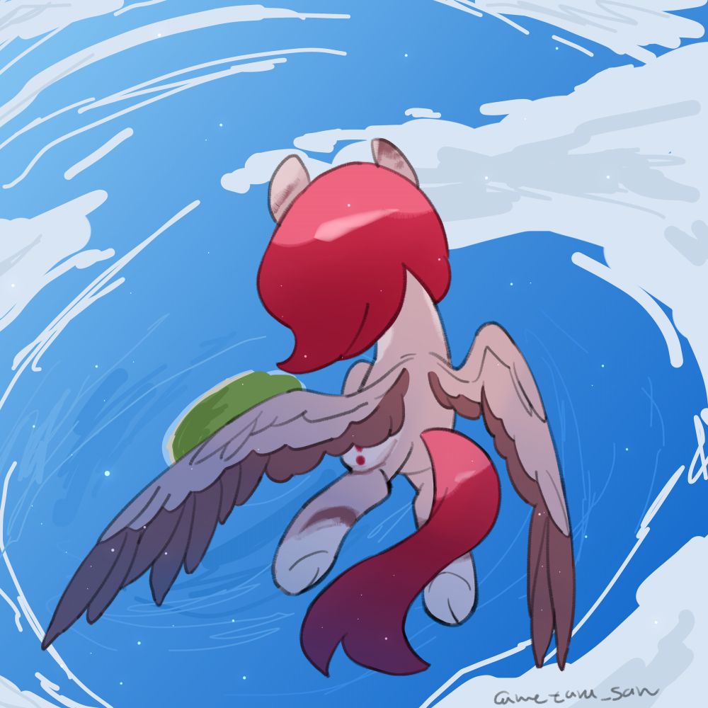 My ponysona in the middle is flying and seeing the ocean and an island, between clouds.