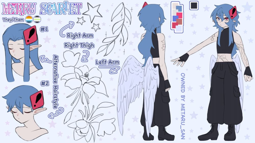 New reference sheet of my persona (2/2). There are their name, pronouns, labels, tattoo designs for their body, my persona with dark top, cargo pants, gloves and boots, colour palettes, and some alternative hairstyles.