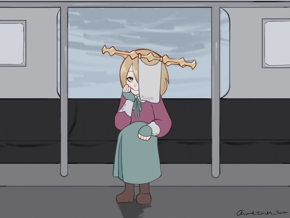 My OC Leighis is sitting on the seat in the train, looking at you with a smile, placing their right elbow on their right thighs, and holding their right cheek by their right hand. The sky outside, that you can see from the window behind them, is cloudy.