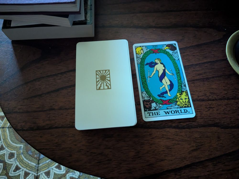 today's tarot card draw is The World, which is a good one I guess.  it's got a lady with her boobs out on it