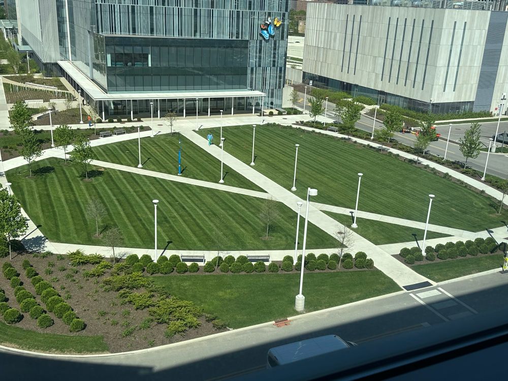 Fresh cut lawn at the green space quad of Nationwide Children’s Hospital. 