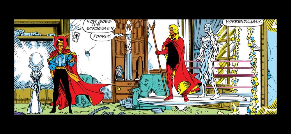 Dr. Strange, Adam Warlock and the Silver Surfer talking about current events.