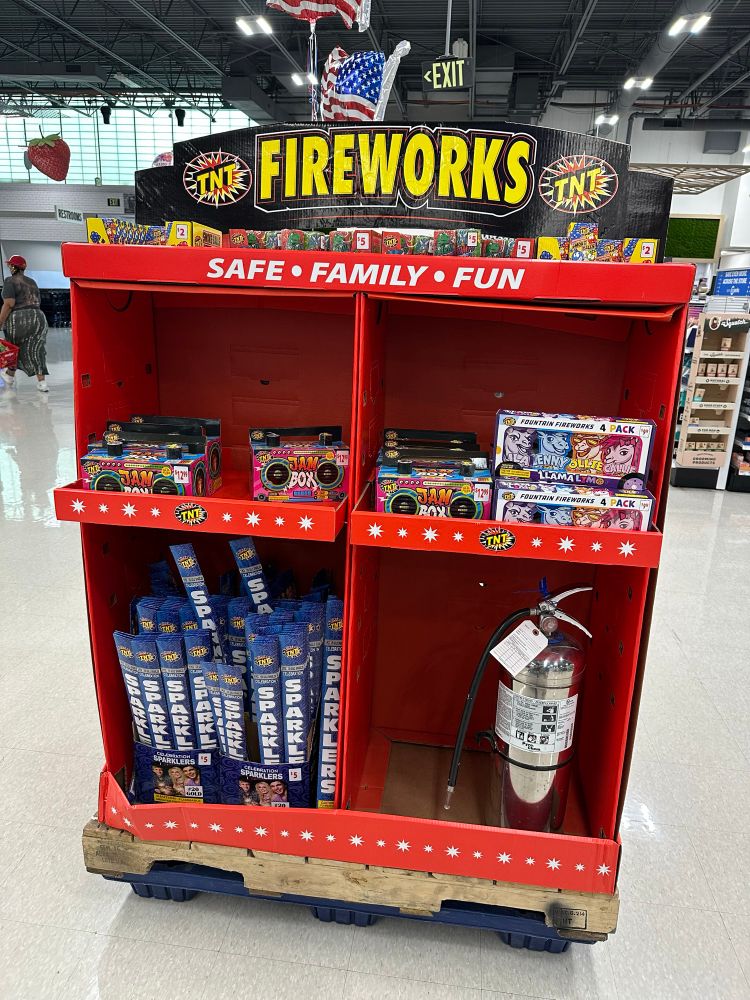 Fire extinguisher in a fireworks display at the store. 
