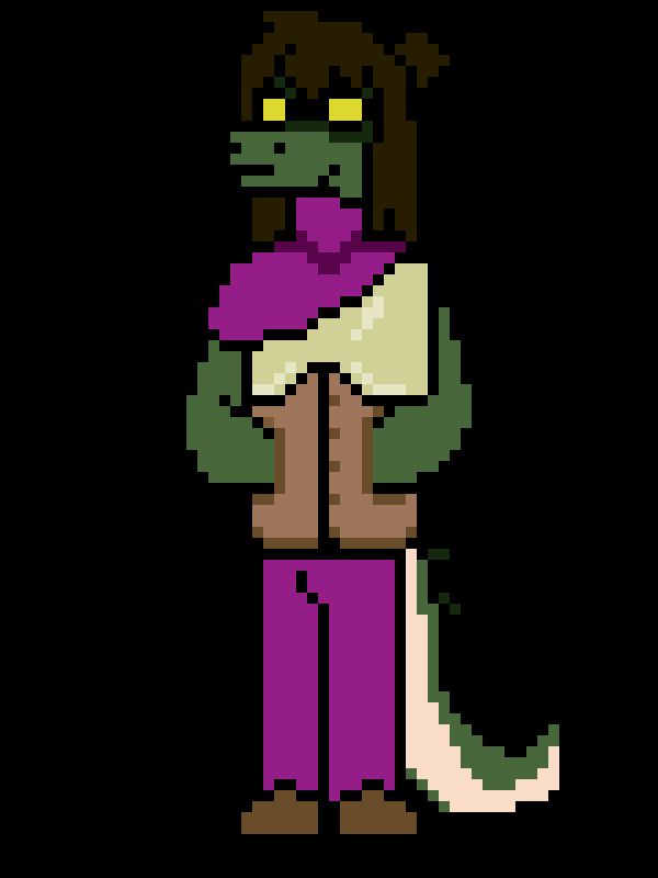 Fullbody pixel art of an anthro crocodile character with dark, medium length hair with some of it tied back, and yellow eyes. He has a purple shawl over some light, sleeveless armor.