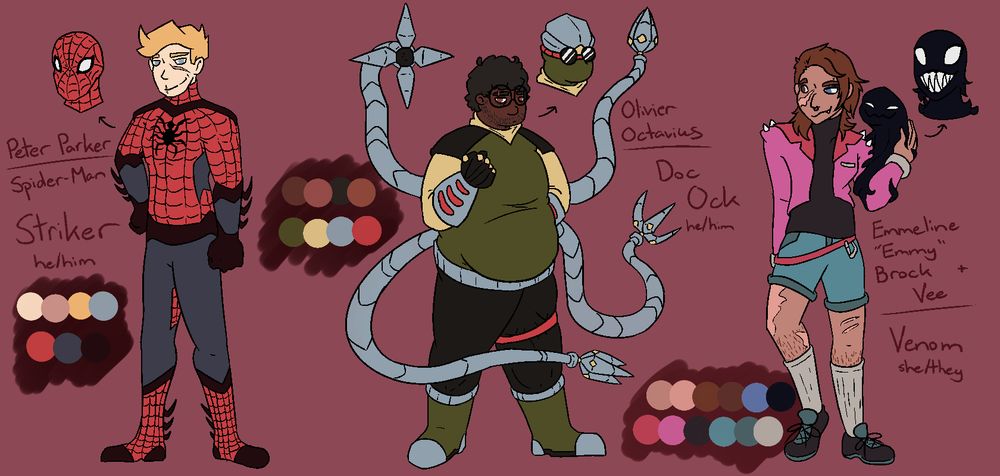 A reference sheet for three Spider-Verse characters; left to right there is Spider-Man (nicknamed Striker), Doc Ock, and Venom.