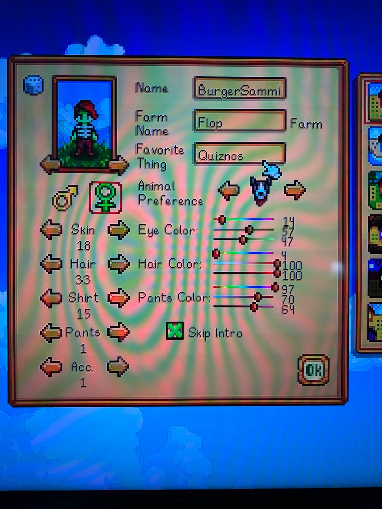 Stardew Valley pixelated style ‘character sheet’ built with the a green skinned female presenting character with what seems like an exposed ribcage (but actually just a tshirt).  This character was randomized and has red hair and burgandy pants.  It’s name is BurgerSammich.  It’s farm name is Flop. And it’s favorite thing is Quiznos.  The selector for a pet has chosen a dog shaped animal with black ears and connected black patches over it’s eyes, and a red bandanna around its neck.  The other options are various sliders for eye color, hair color, pants color, and preset numerical values for skin, hair, shirt, pants, acc, values.  This character info was chosen at random except for the name/farm/favorite boxes, which were entirely bullshit On the player’s part.
