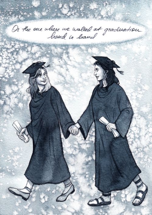 text: or the one where we walked at graduation hand in hand. painting of young jackie taylor and shauna shipman in graduation cap and gowns holding hands as they walk with diplomas. 