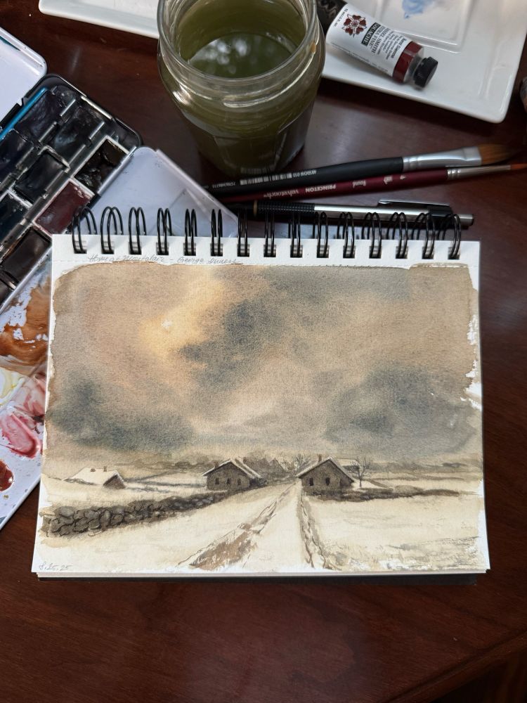 watercolor painting of a snowy village with a looming yellow-grey sky.