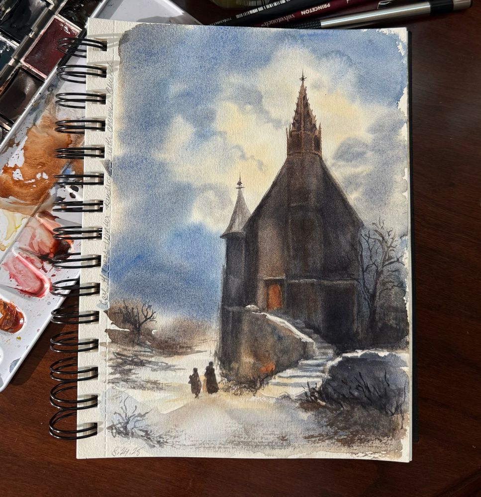 watercolor painting of a church and street covered in snow. there are two figures walking away from it, holding a light.