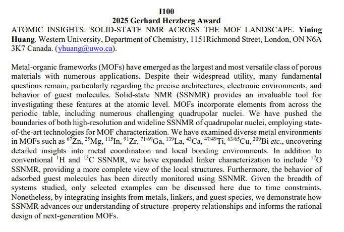 Prof Yining Huang @westernu.bsky.social @westernuresearch.bsky.social received the 2025 Gerhard Herzberg Award by the Canadian Society for Analytical Sciences and Spectroscopy for distinguished achievements in solid-state NMR