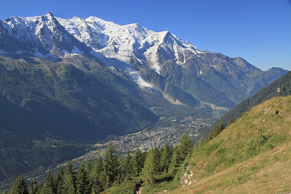 photo, from WikiMedia Commons, The Chamonix Valley seen in 2010 from La Flégère with Mont Blanc in the background, By Ximonic, Simo Räsänen - Own work, CC BY-SA 3.0, https://commons.wikimedia.org/w/index.php?curid=15056052 