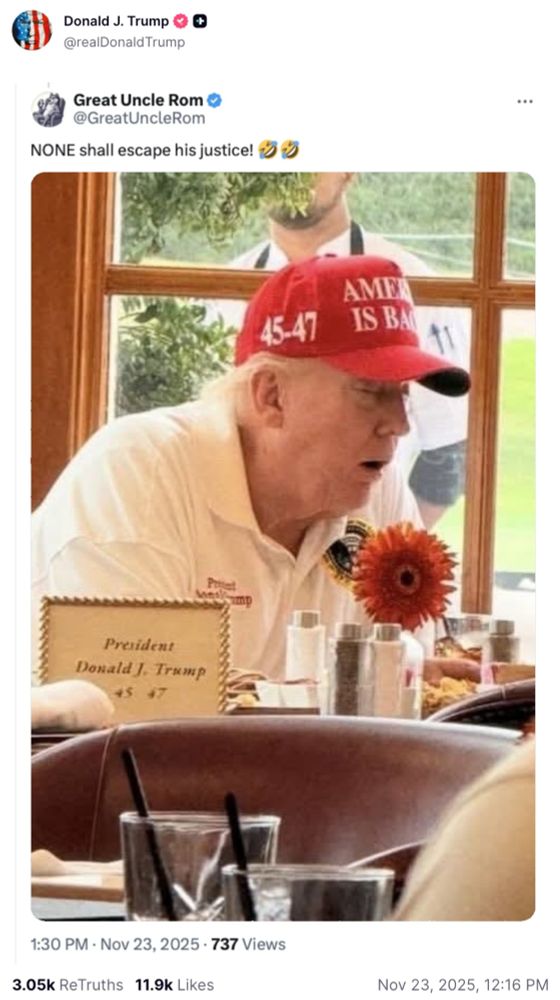 Screen cap of the U.S. President threatening justice but he looks like death warmed over in his comical golf outfit