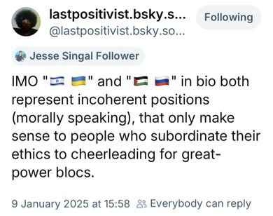 A bsky user with a weird political skeet whom I am following. They are tagged as „Jesse Singal“ follower. 