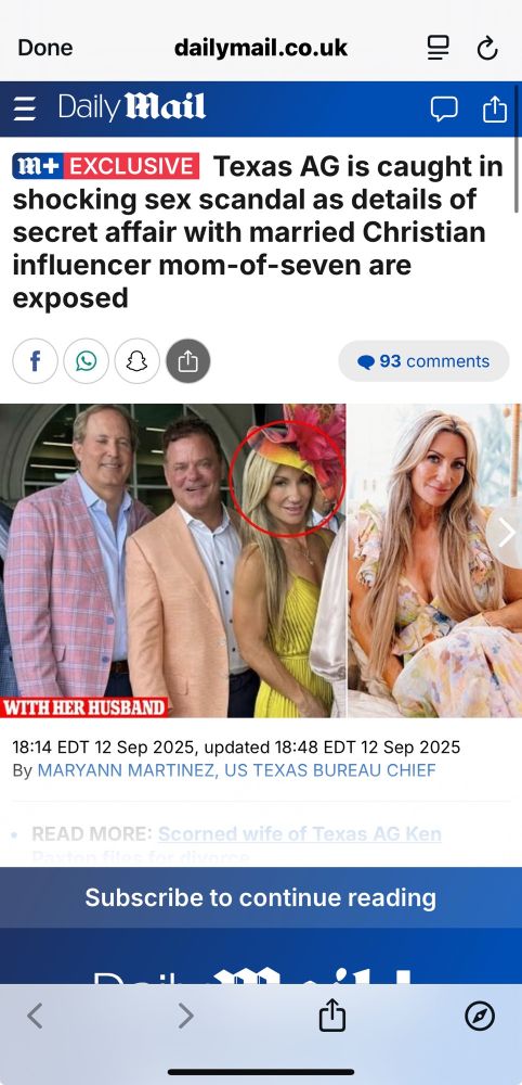 Daily Mail screenshot with headline 
Texas AG is caught in shocking sex scandal as details of affair with married Christian influencer mom-of-seven are exposed
