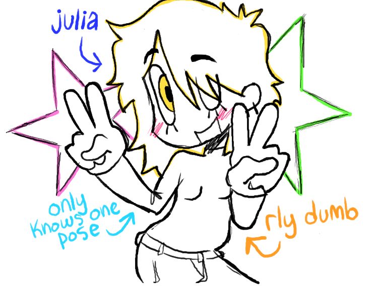 feminine person with long hair giving 2 peace signs and winking. text with arrows say “julia”, “only knows one pose”, and “rly dumb”