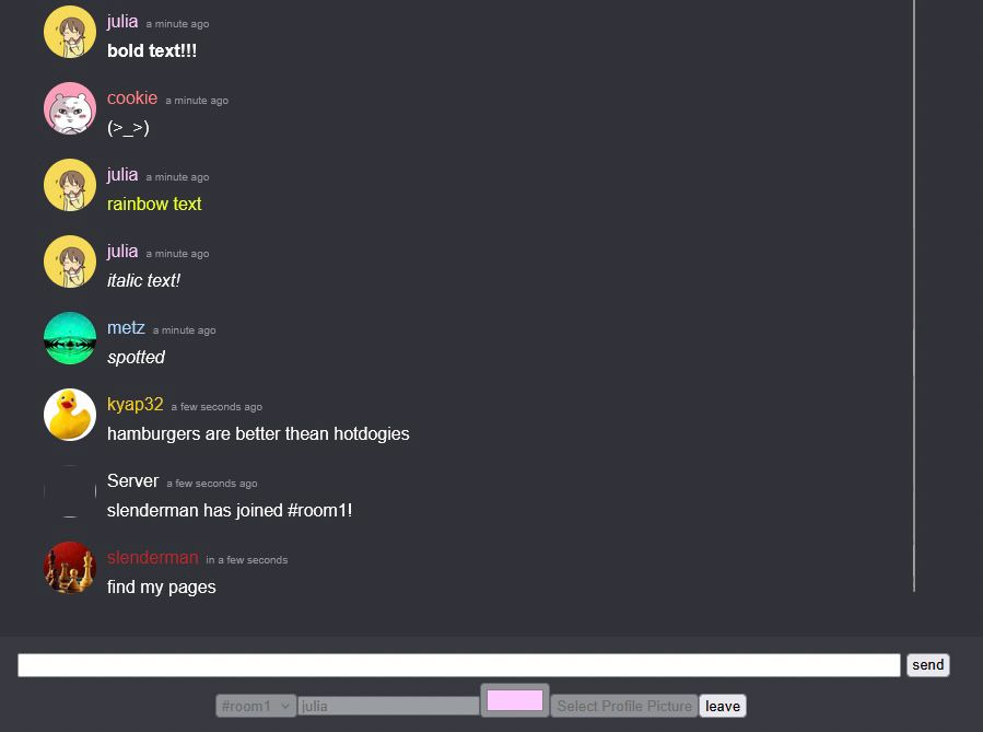 discord clone web app with users sending example messages. includes some messages include special markdown for bold, italics, and rainbow.