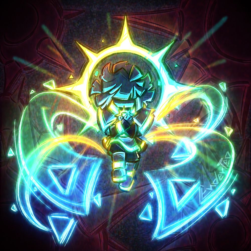 A glowing figure surrounded by darkness and noise. This figure is a humanisation of the player square from Just Shapes and Beats in it's super form commonly dubbed "'Till it's over"