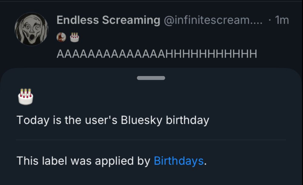 Endless Screaming Bot post saying “AAAAHHHHHHH” is labeled with a birthday cake emoji because it’s this account’s birthday 