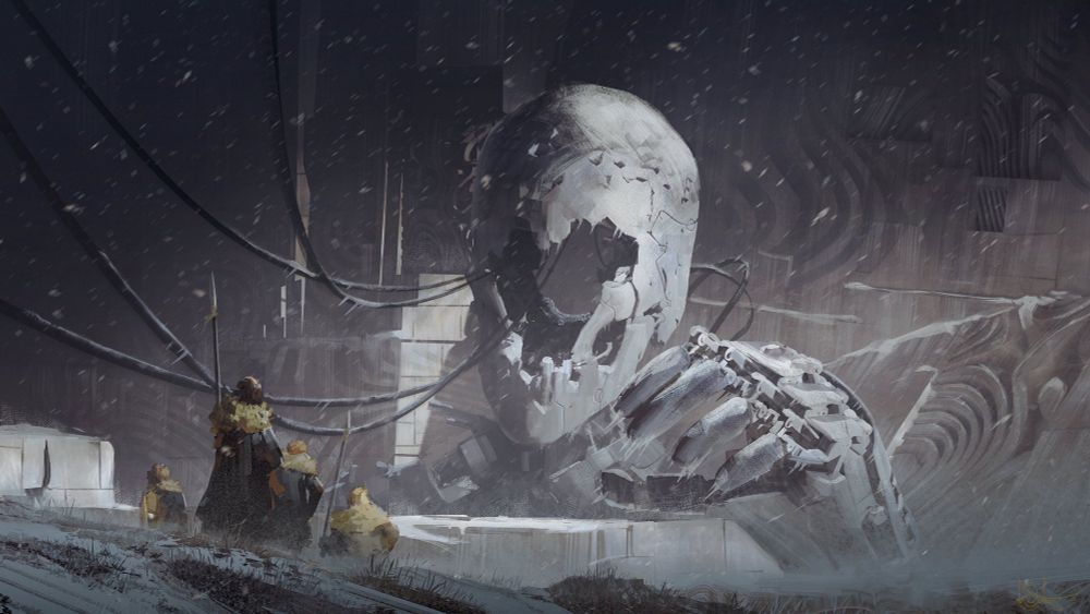 Futuristic explorers find the remains of a giant robot buried in a glacier