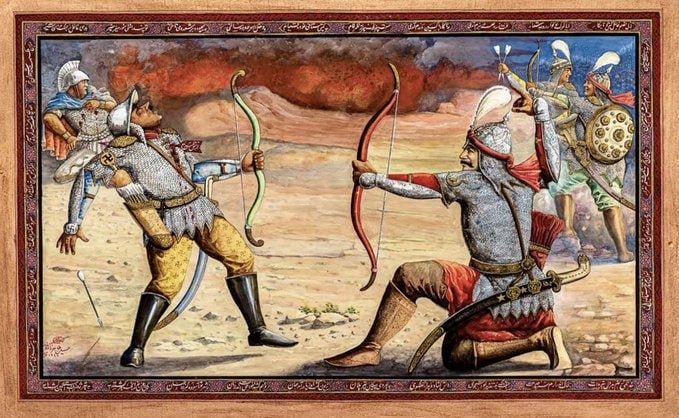 Iranian painting celebrating the victory of the Red Army in 1945. Stalin is shown as an archer firing an arrow into Hitler. 

Shows Stalin in armor on his knee after firing an arrow. Hitler stands opposite falling backwards an arrow sticking out of his chest.