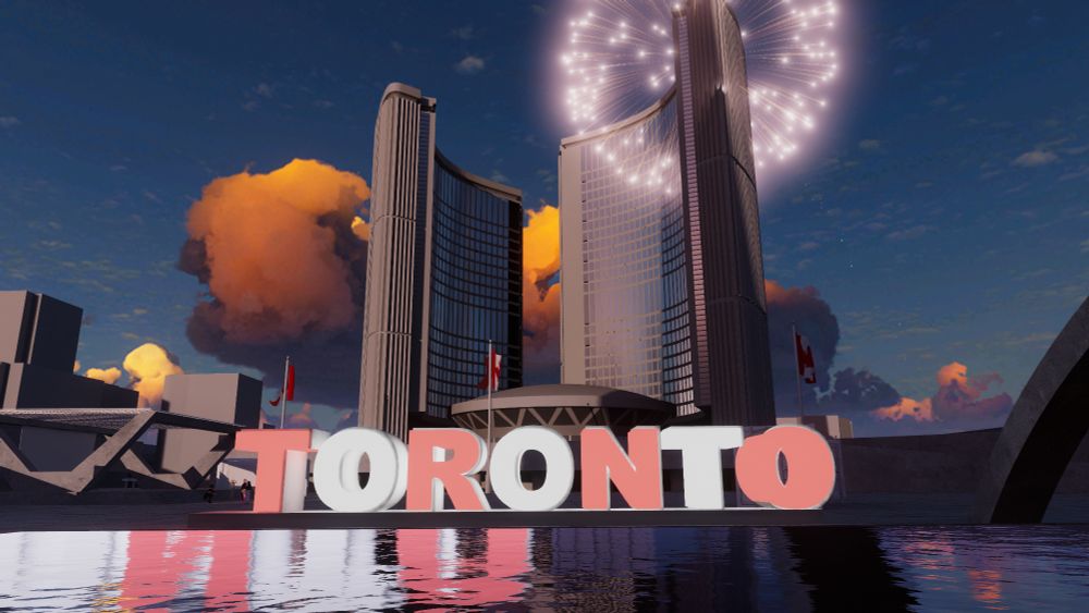 A replica of Toronto City hall in VRChat.
